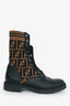 Fendi Black/Taupe Leather/Fabric Zucca Print Combat Boots Size 39.5
