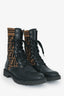 Fendi Black/Taupe Leather/Fabric Zucca Print Combat Boots Size 39.5