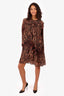 Ganni Brown/Black Animal Print Pleated Long Sleeve Dress Size 40