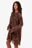 Ganni Brown/Black Animal Print Pleated Long Sleeve Dress Size 40
