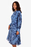 Ganni Blue Long Sleeve Pleated Midi Dress Size 36