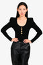 Balmain Black Ribbed Padded Shoulder Bodysuit with Gold Buttons Size 36