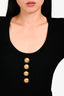 Balmain Black Ribbed Padded Shoulder Bodysuit with Gold Buttons Size 36