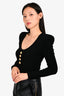 Balmain Black Ribbed Padded Shoulder Bodysuit with Gold Buttons Size 36