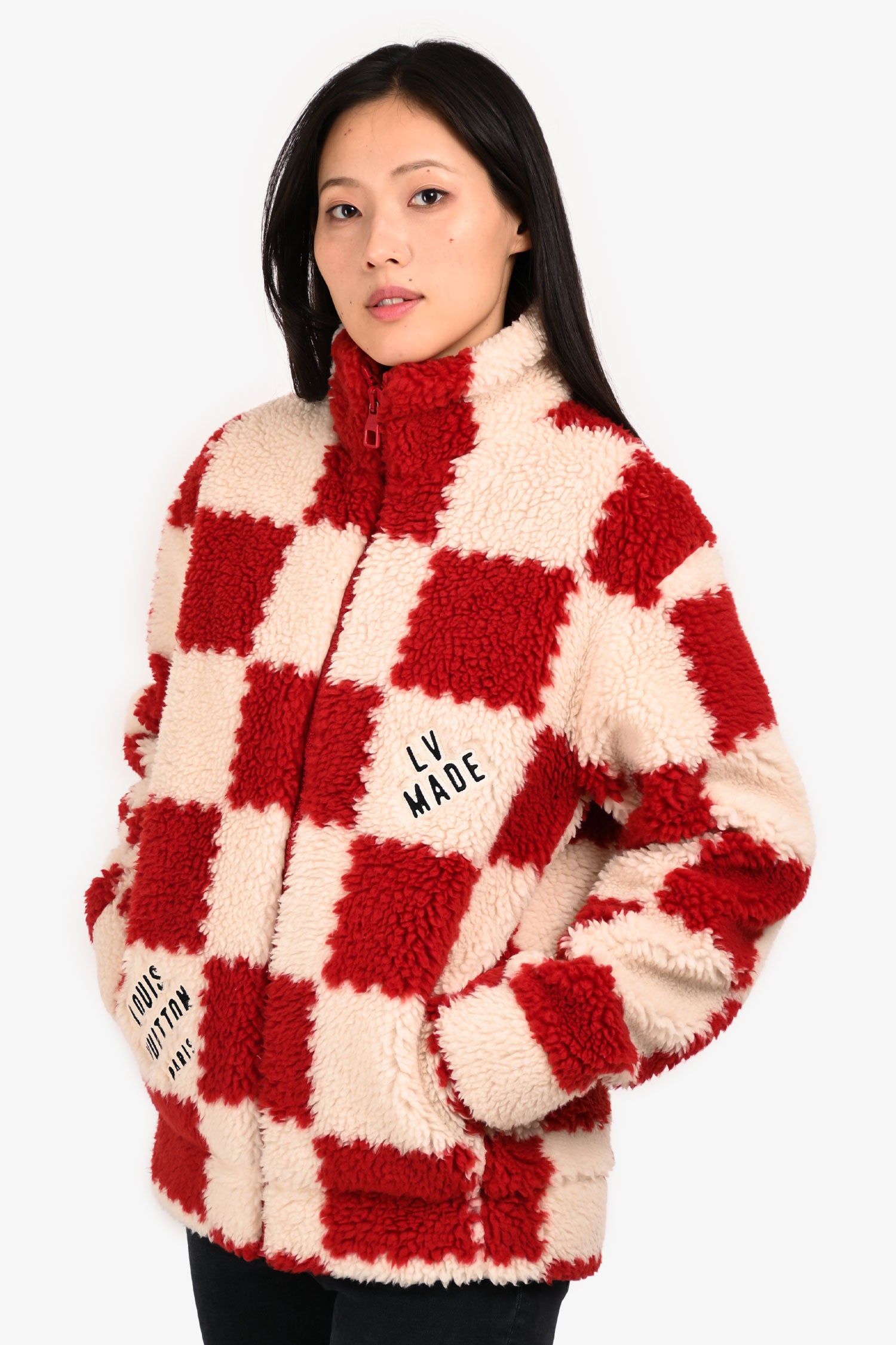 Louis Vuitton x Nigo 2022 Cream/Brick Red Checkered Fleece Zip-Up