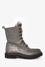 Brunello Cucinelli Grey Metallic Leather Fur Lace-Up Combat Boots Size 39.5