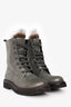 Brunello Cucinelli Grey Metallic Leather Fur Lace-Up Combat Boots Size 39.5
