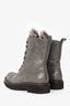 Brunello Cucinelli Grey Metallic Leather Fur Lace-Up Combat Boots Size 39.5