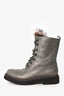 Brunello Cucinelli Grey Metallic Leather Fur Lace-Up Combat Boots Size 39.5