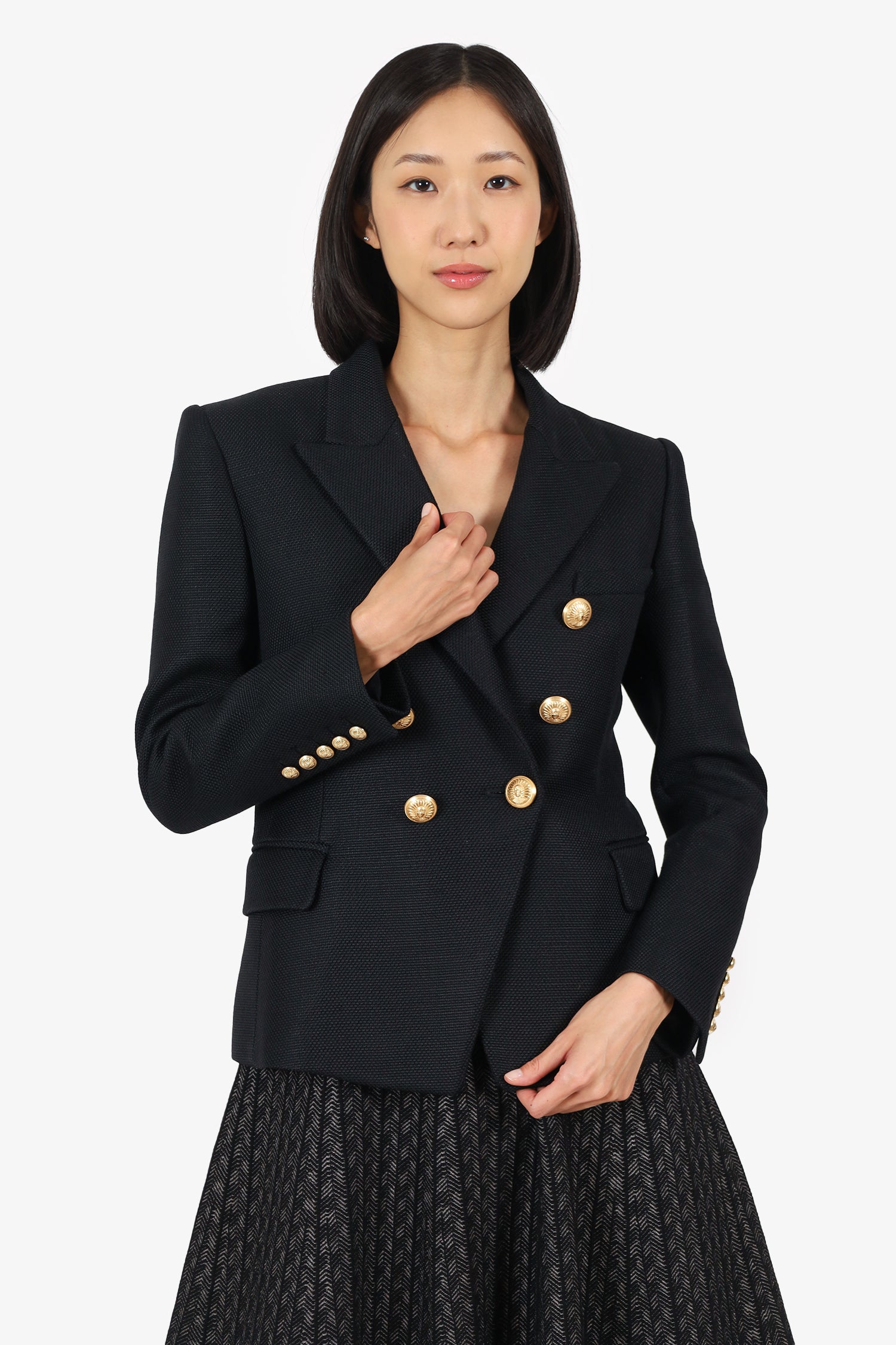 Balmain Black Wool Tetxured Double Breasted Blazer Size 42