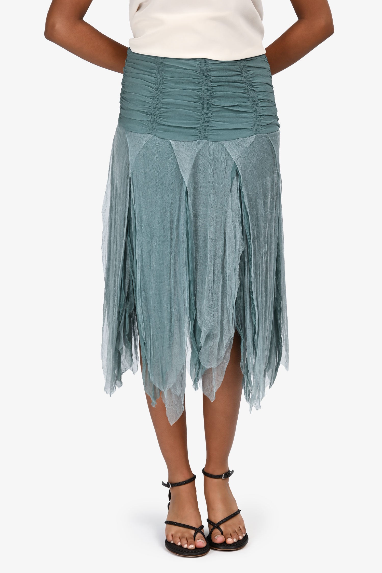 Blumarine*ブルマリン　シルク100%　シフォンスカート　フリル　38 Blumarine Teal Silk Pixie Midi Skirt Size 38 – Mine & Yours
