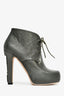 Pre-Loved Chanel™ Grey Leather Metallic Lace Up Logo Heeled Booties Size 37