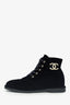 Pre-Loved Chanel™ Black Velvet Interlocking CC Logo Combat Boots Size 38.5