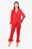 Nadine Merabi Red Silk Feather Trim Blazer & Pant Set Size XS