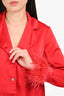 Nadine Merabi Red Silk Feather Trim Blazer & Pant Set Size XS