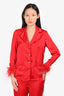 Nadine Merabi Red Silk Feather Trim Blazer & Pant Set Size XS