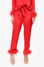 Nadine Merabi Red Silk Feather Trim Blazer & Pant Set Size XS
