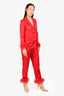 Nadine Merabi Red Silk Feather Trim Blazer & Pant Set Size XS