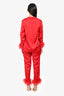 Nadine Merabi Red Silk Feather Trim Blazer & Pant Set Size XS