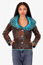 Balmain Brown/Blue Floral Embroidery Faux Fur Jacket Size 36