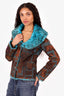 Balmain Brown/Blue Floral Embroidery Faux Fur Jacket Size 36