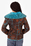 Balmain Brown/Blue Floral Embroidery Faux Fur Jacket Size 36
