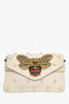 Gucci White Leather Pearl Studded Mini Broadway Bee Shoulder Bag with Web Strap