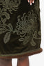 Andrew Gn Green Velvet Floral Embroidered Fur Trimmed Midi Skirt size XL