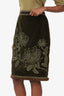 Andrew Gn Green Velvet Floral Embroidered Fur Trimmed Midi Skirt size XL