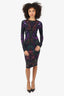 Alexander McQueen 2014 Black/Purple Wool Feather Print Midi Dress Size 40