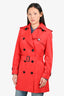 Burberry London Red Nylon Double Breasted Trench Coat Size 38 with Belt