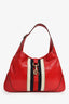 Gucci Red Leather Canvas Stripe Medium Jackie Bag