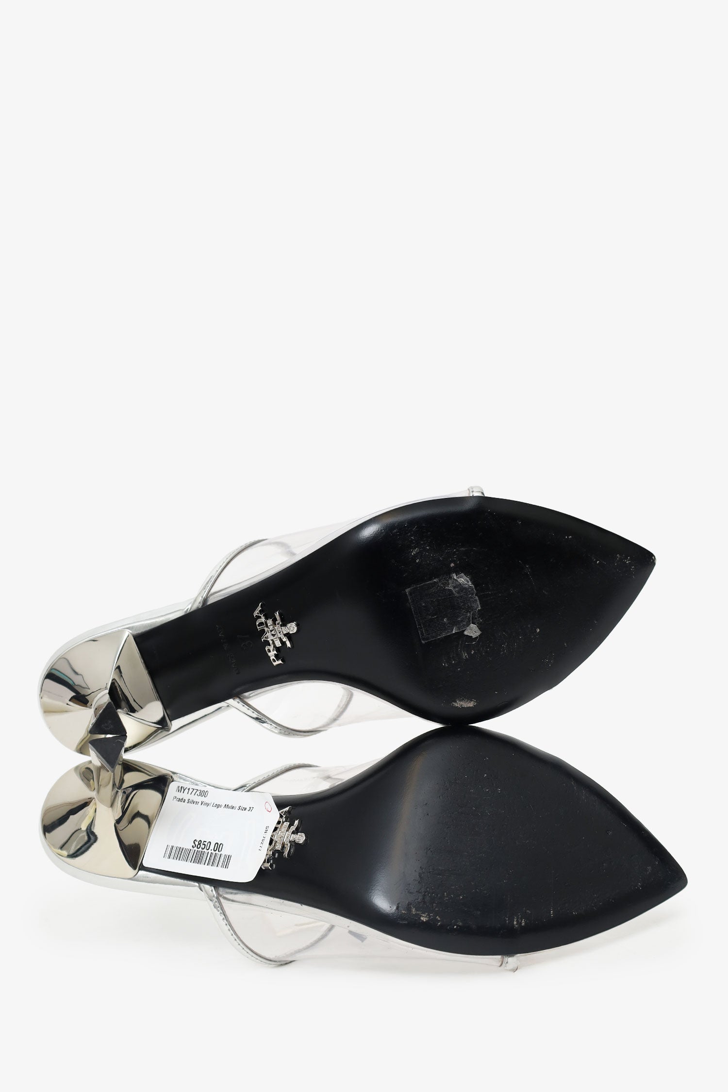 PRADA ミュール　37 Prada Silver Vinyl Logo Mules Size 37 – Mine & Yours