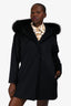 Max Mara Studio Navy Wool Faux Fur Trim Hooded Coat Size 12 US
