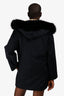 Max Mara Studio Navy Wool Faux Fur Trim Hooded Coat Size 12 US