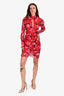 Sau Lee Red Floral Mandarin Collar Long Sleeve Dress Size 2