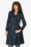 Burberry London Navy Wool/Silk Double Breasted Pleated Back Trench Coat Size 2 US