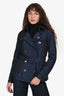 Burberry London Navy Metallic Double Breasted Belted Short Trench Jacket Est. Size XS