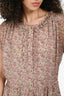 Celine Pink/Green Silk Floral Print Ruffle Trim Short Sleeve Midi Dress Size 38 FR