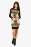 Versace Black/Yellow Baroque Pattern Mesh Sleeve Mini Dress Est. Size S