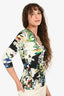 Robert Cavalli White/Green/Black Floral Print V-Neck Top Size 38