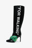 Off-White Black Leather Green Scarf Detail 'For Walking' Heeled Boots Size 36