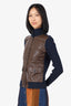 Lauren Ralph Lauren Brown/Navy Faux Leather Cardigan Sweater Size S