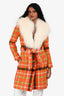 Boutique Moschino Orange/White Wool Tartan Detachable Fur Collar Coat Size 4 US
