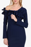 Greta Constantine Navy Ruffled One Shoulder Midi Dress Size XS