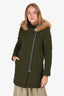 Sandro Green Wool/ Racoon Fur Hood Midi Coat Size 36