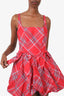 LoveShackFancy Red Check Ruelle Bow-detailed Taffeta Mini Dress Size 4