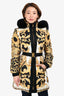 Versace Black/Yellow/White Fur Hooded Baroque Print Down Coat Size 38