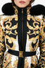 Versace Black/Yellow/White Fur Hooded Baroque Print Down Coat Size 38