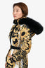 Versace Black/Yellow/White Fur Hooded Baroque Print Down Coat Size 38